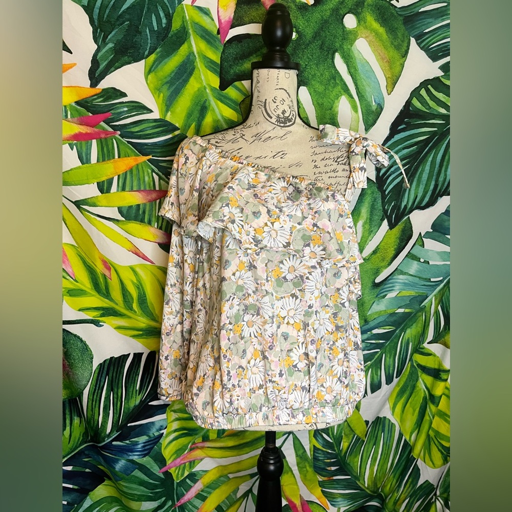 LC Lauren Conrad XL Green Yellow Silky Floral Ruffle One Shoulder Preppy Blouse
